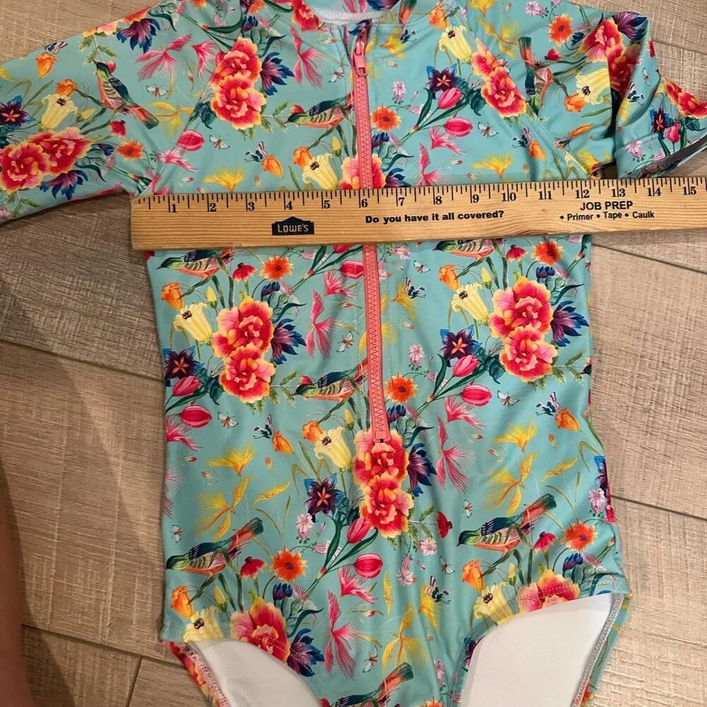 TAME THE SUN GIRLS 1 PIECE SWIM SUIT SIZE 9 BIRD BLUE FLORAL RUFFLES